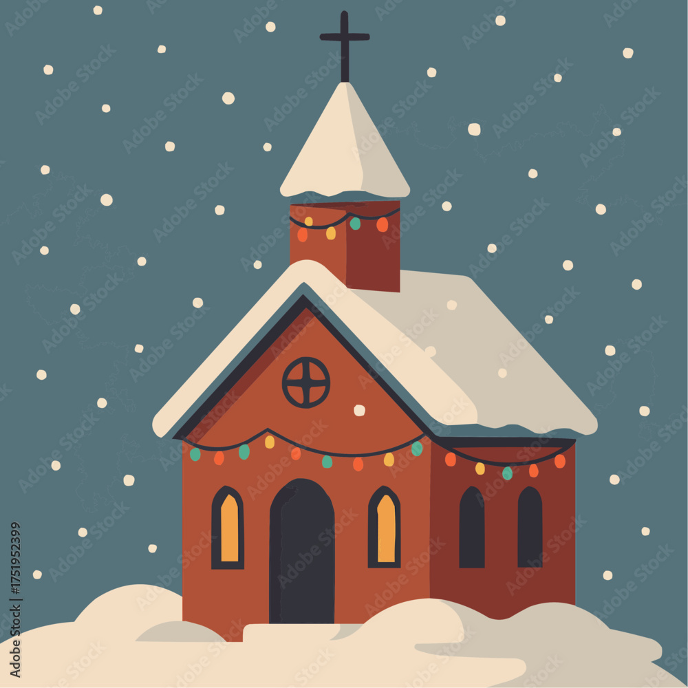 Fototapeta premium Charming snow-covered church adorned with festive Christmas lights