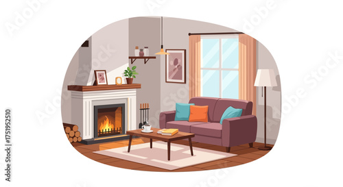 Cozy Living Room Illustration with Fireplace, Sofa, Rug, Lamp, and Coffee Table