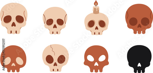 Collection of eight stylized skull illustrations in various colors and designs.