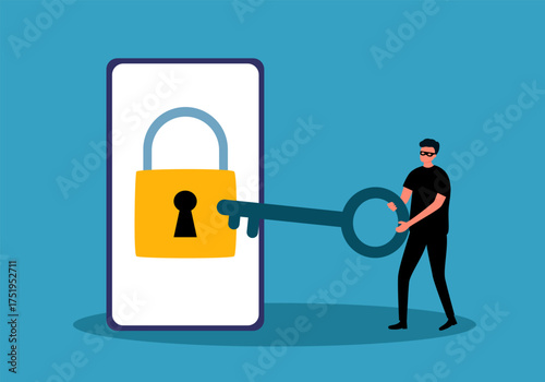 Cyber security, hacker steal money online, phishing or digital banking threat concept. Criminal thief using key to unlock and steal money on mobile screen.