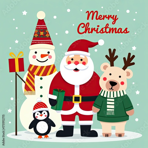 Merry christmas greeting card featuring santa claus, a snowman, a reindeer bear, and a penguin, with gifts and snowflakes, perfect for holiday celebrations and winter themes