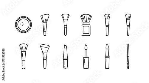 Hand drawn cosmetics assortment makeup brushes lipstick nail polish and powder compact collection vector