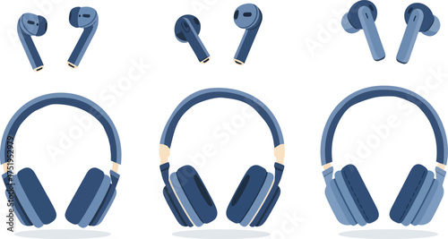 Collection of blue wireless headphones and earbuds.