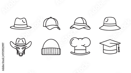 Collection of hand drawn various hats and headwear icons simple sketch style on white vector