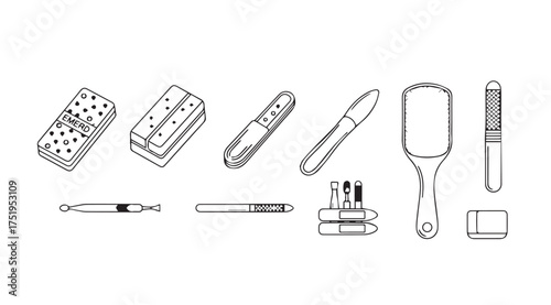 Collection of foot care tools including brushes files and pumice stones for pedicure and foot hygiene vector