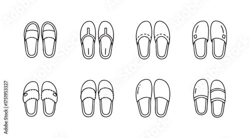 Collection of eight pairs of slippers overhead view hand drawn sketch style apparel vector