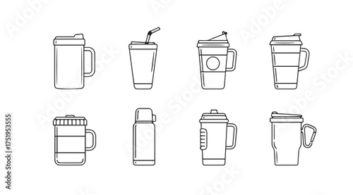 Collection of hand drawn outline coffee cups and travel mugs for beverage and cafe designs vector