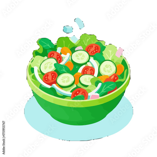 Vibrant and fresh green salad in bowl, featuring crisp lettuce, sliced cucumbers, juicy tomatoes, and red onions, presented in clean, modern style