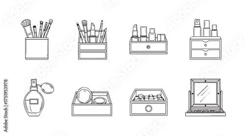 Set of eight hand-drawn makeup and beauty icons featuring brushes organizers perfume and a compact mirror vector