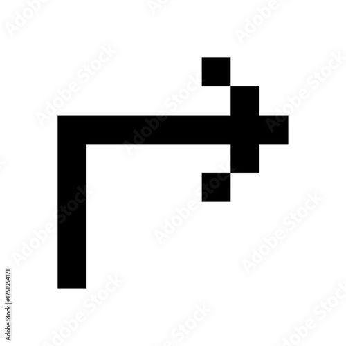 A black pixelated arrow graphic pointing right and then turning down in an L-shape on a white background.