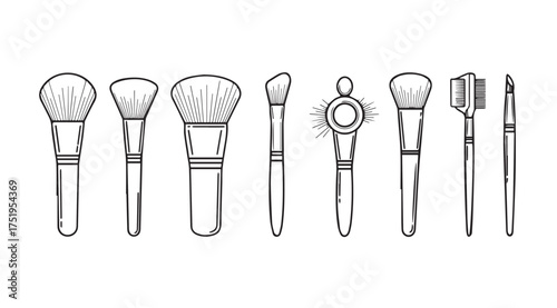 Collection of hand drawn makeup brushes line art beauty cosmetic tools collection for makeup application vector