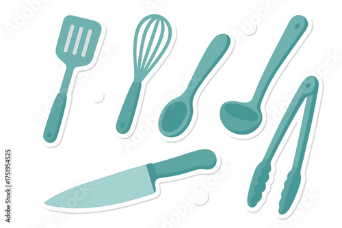 Essential cooking utensils spatula whisk ladle knife and serving tongs in teal colors