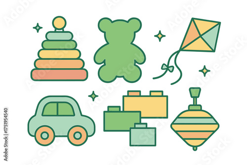 Colorful set of classic childhood toys: teddy bear, stacking rings, building blocks, car, kite, and spinning top