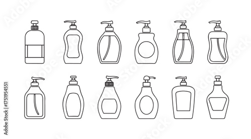 Collection of dispenser bottles showing various shapes and designs for soaps and lotions vector