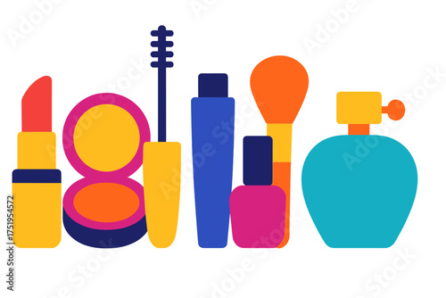 Essential beauty and makeup products arranged on white background