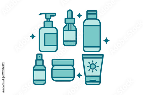 Collection of various cosmetic and skincare product containers including bottles, jars, and tubes