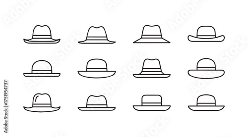 Collection of stylized fedora hats iconic fashion accessories line art icons set vector