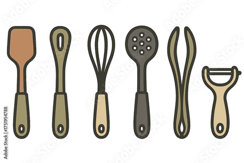 Essential kitchen cooking utensils collection including spatula whisk tongs and peeler