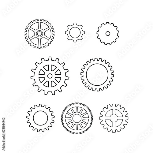Set of eight black and white gear illustrations with varied tooth shapes, spokes, and cutouts for mechanical and engineering designs