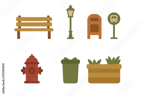 Collection of urban and park infrastructure elements including bench, street light, trash can, and fire hydrant