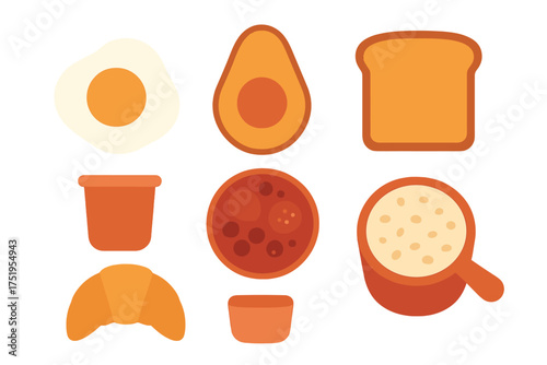 Simple flat design icons of breakfast food items including egg avocado toast and croissant