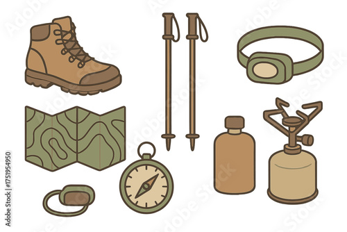 Essential outdoor adventure equipment collection: hiking boot, trekking poles, map, compass, stove