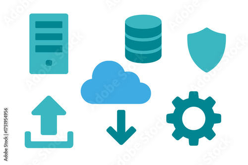 Digital technology symbols for data management, cloud services, security, and configuration