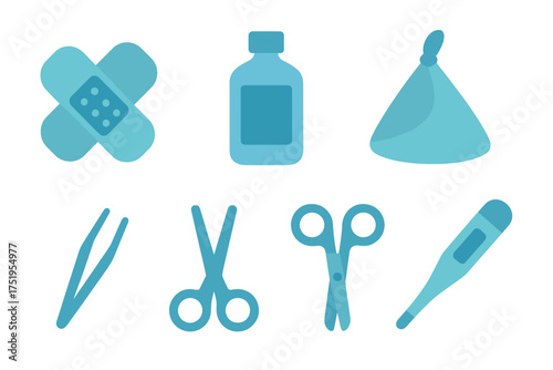 Essential medical and first aid equipment set with bandage, scissors, thermometer, and medicine bottle
