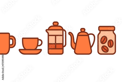 Set of various coffee accessories and utensils including mug French press and beans jar