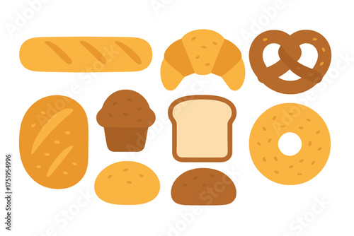 Assortment of fresh baked goods including bread, croissant, bagel, pretzel, and muffin