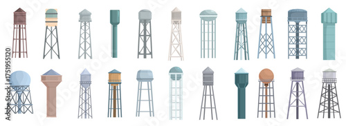 water tower icons set cartoon vector industrial tank
