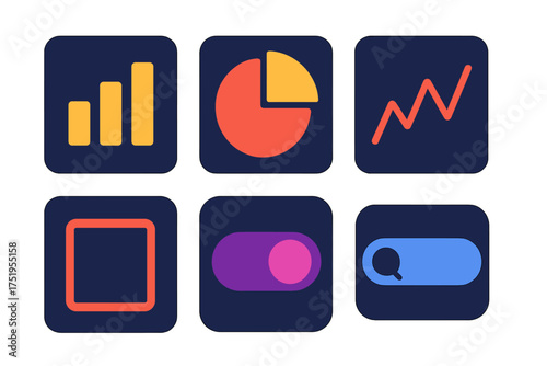 Colorful set of six user interface icons featuring data charts, toggle switch, and search bar symbols