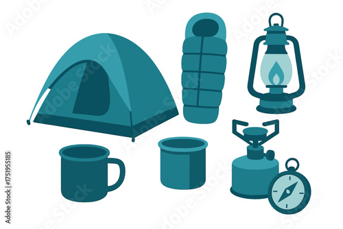 Essential collection of camping and hiking equipment including tent, sleeping bag, lantern, stove, and compass