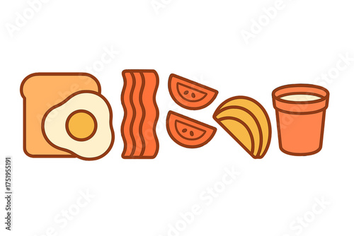 Classic breakfast ingredients set featuring fried egg, toast, bacon, tomato, banana, and yogurt