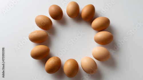 Circle of fresh eggs on a white background, showcasing their smooth texture and natural colors. 