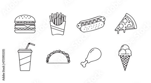 Hand drawn sketch icons of popular fast food items set vector