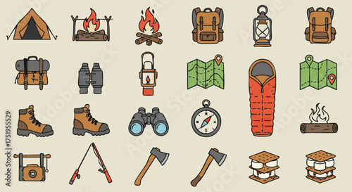 Illustrated camping icons depict outdoor adventure elements like tents, campfires, backpacks, lanterns, maps, boots, binoculars, and compasses.