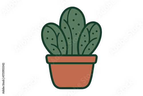 Stylized green cactus houseplant growing in a terracotta pot on a white background