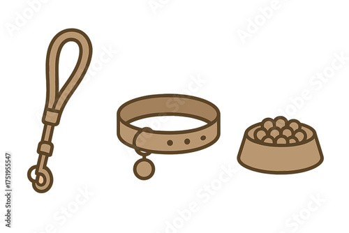 Essential collection of pet accessories including leash, collar, and bowl with dry kibble