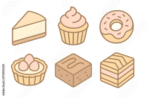 Isometric collection of sweet pastries and baked goods including cheesecake donut and tart