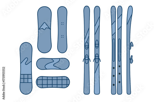 Assortment of winter sports gear with multiple designs of snowboards and downhill skis