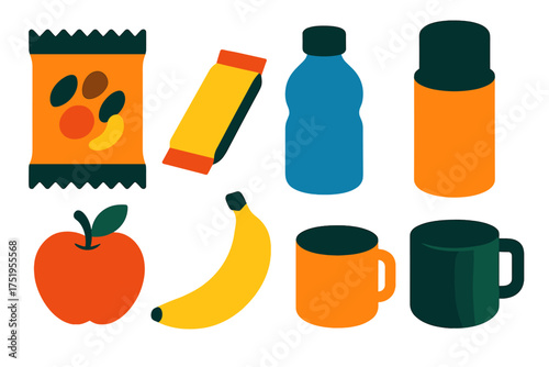 Essential items for outdoor activities like hiking or camping including food, fruit, and beverage containers