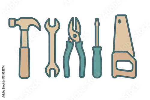 Basic construction and repair tools set featuring hammer wrench pliers screwdriver and saw