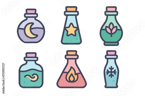 Assortment of colorful fantasy potions in glass bottles with cork stoppers and symbols