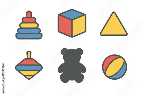 Colorful classic children's toys set featuring stacking rings and teddy bear silhouette