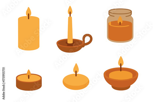Set of various burning candles including pillar taper jar and tealight styles