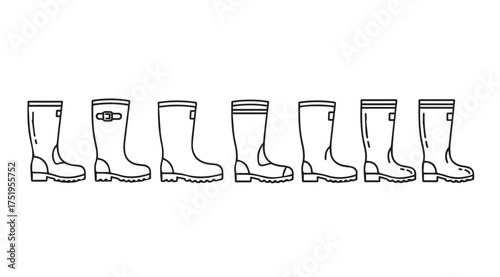 Collection of seven different styles of tall rubber rain boots lined up side by side vector