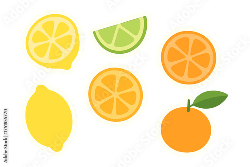 Collection of bright citrus fruit stickers including whole and sliced lemons, limes, and oranges