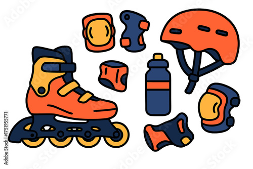 Complete set of rollerblading protective gear including inline skate helmet pads and water bottle
