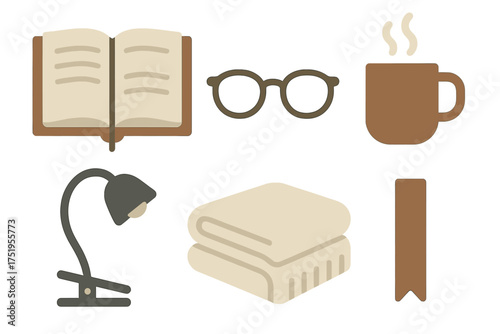 Cozy reading essentials collection with open book, warm drink, glasses, and blanket